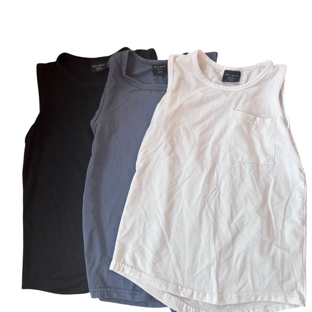 Black, Blue, and White Sleeveless Tops